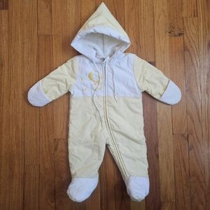 Vintage Quiltex Yellow White Puppy Baby Snowsuit Coat Hooded Footie One Piece